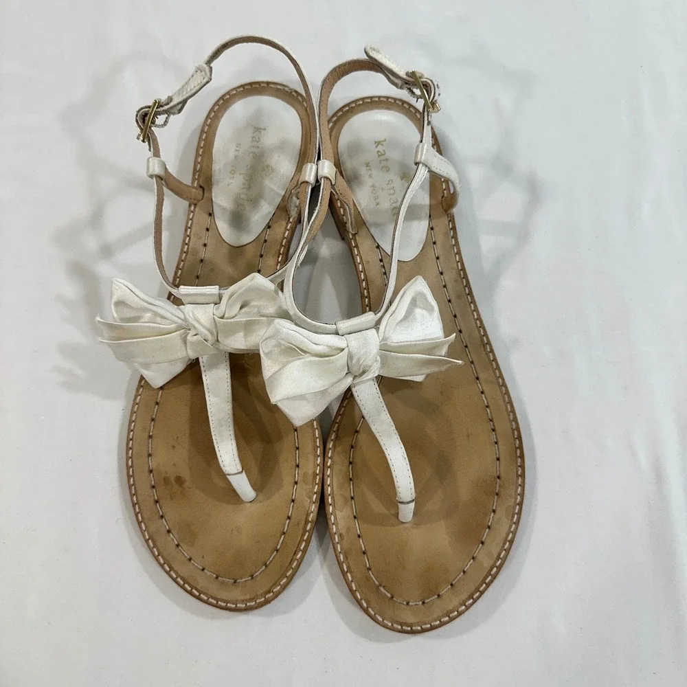 Kate Spade Sandals Womens 7.5 White‎ Leather Satin Bow Thong Ankle Strap Flat